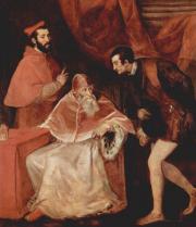 Tiziano: III. Pál két unokájával, Alessandro Farnese bíborossal (balról) és Ottavio Farnese herceggel (jobbról)